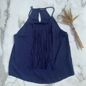 Shinestar fringe festival neck tank top slinky navy SMALL